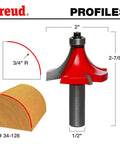 Diagram of Three Quarter Inch Radius Rounding Over Router Bit With Quadra-Cut Design Four-Cutter Carbide Bit, 3/4" radius, red profile