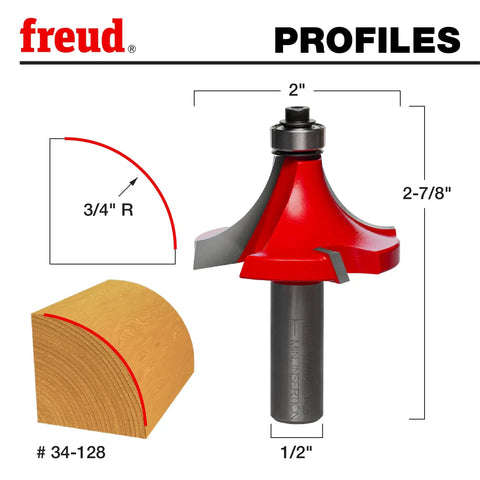 Diagram of Three Quarter Inch Radius Rounding Over Router Bit With Quadra-Cut Design Four-Cutter Carbide Bit, 3/4" radius, red profile