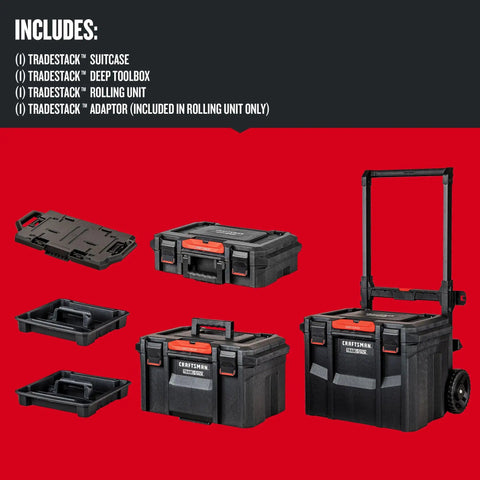 TradeStack Rolling Tower Storage System With 22 Inch Capacity, three modular units with suitcase, toolbox, and rolling unit.