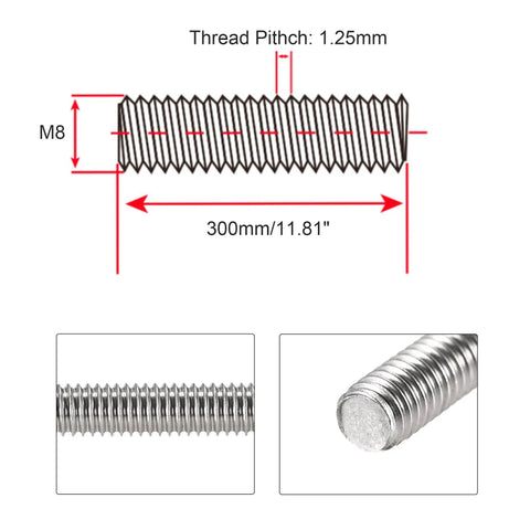 M8 300mm Fully Threaded Stainless Steel Rods And Studs 304 Right Hand Threads One Point Twenty Five Pitch For Anchor Bolts Clamps Hangers And U Bolts 2 Pack With Nuts, M8 rod size and 1.25mm pitch diagram