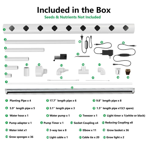 Hydroponic Growing System Kit With 36 Plant Sites Full Spectrum Grow Lights And Timer Auto Water Pump PVC U Pipes contents