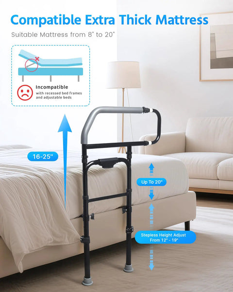Bedside Safety Rail for Seniors and Recovery Adjustable Bed Assist Rail with Retractable Height Fits Thick Mattresses Supports Up to 300 Lbs Easy In and Out Fall Prevention Post Surgery Help next to bed with extra thick mattress sign.