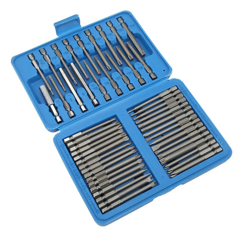 Awesome 50 Piece Extra Long Security Bit Set With Magnetic Holder For Tough Drilling Jobs Featuring Multi Sizes Hex Torq Clutch Spline And Flat Square Bits Perfect Anytime You Need Serious Power And Precision In Your Drill Driver Kit Gear blue plastic case with assorted vanadium steel security bits