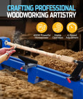 Side view of blue benchtop wood lathe with long wooden workpiece and tool rest