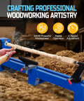 Rock Solid Benchtop Wood Lathe 14 By 40 Inches Featuring A Powerful 0.5 Hp Motor With Flexible 1040 To 2980 Rpm Speed Comes Loaded With Pro Chisels For Butter Smooth Woodturning in action creating a wooden spindle.