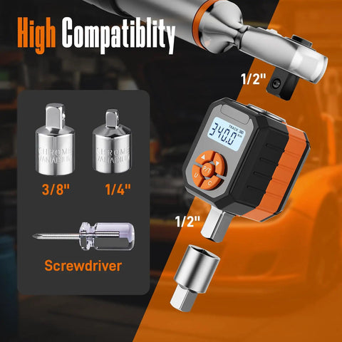 Half Inch Digital Torque Wrench Adapter Set With Buzzer And LED Indicator, 17 To 340 Newton Meters, 12.54 To 250.8 Foot Pounds, Electronic Torque Adapter For Automotive Motorcycle And Car Repair, Precision Readouts, 1/2-inch drive with 1/4 and 3/8 adapters