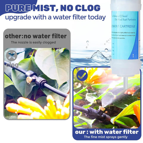 Comparison of thin mist spray with and without water filter in outdoor misting system for patio and garden with 32 brass nozzles.