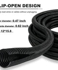 Close-up of 30 Ft 1/2 Inch Split Wire Loom Kit With 2 Clamps For Auto And Pro Shop Cable Protection Gear Flexible Abrasion Resistant Conduit Easy Install Ready To Use Split Tubing System showing flip-open design and sizes.
