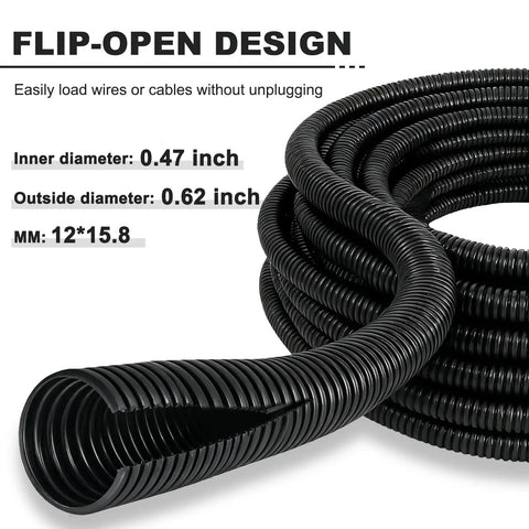Close-up of 30 Ft 1/2 Inch Split Wire Loom Kit With 2 Clamps For Auto And Pro Shop Cable Protection Gear Flexible Abrasion Resistant Conduit Easy Install Ready To Use Split Tubing System showing flip-open design and sizes.
