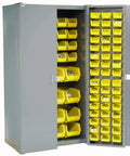 No Nonsense Shop Ready Heavy Duty Steel Organizer Cabinet With Secure Padlock Latch And One Hundred Thirty Six Durable Yellow Plastic Sorter Bins For Hardware, open view showing trays.