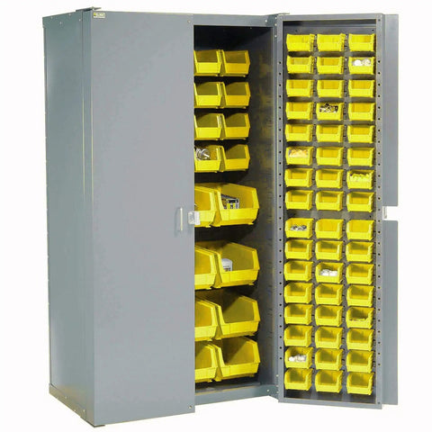 No Nonsense Shop Ready Heavy Duty Steel Organizer Cabinet With Secure Padlock Latch And One Hundred Thirty Six Durable Yellow Plastic Sorter Bins For Hardware, open view showing trays.
