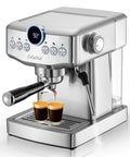 Next Level 20 Bar Espresso Machine With Precise Temperature And Time Controls Crafted In Sleek Stainless Steel, brewing two espresso shots.