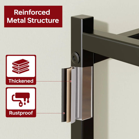 Close-up of the reinforced metal structure of Space Saving 5 Tier Metal Shelving Unit With Self Leveling Feet Hella Sturdy Wire Rack Organizer For Garage Kitchen Pantry Closet Black.