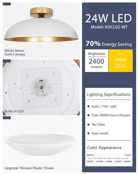 16-Inch LED Flush Mount Ceiling Light With White And Gold Finish, 2400 Lumen, 24W, 5 Color Temperature, Energy Saving Fixture For Living Room Kitchen Bedroom Hallway