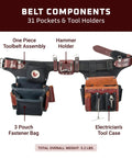 Adjustable Industrial Electrician Tool Belt Set Featuring Thirty One Slick Pockets And Kickass Pro Grade Tool Holders Built Tough For Hard Working Jobsite Go Getters Made In Usa showing hammer holder, tool case, and fastener bags.