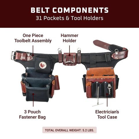 Adjustable Industrial Electrician Tool Belt Set Featuring Thirty One Slick Pockets And Kickass Pro Grade Tool Holders Built Tough For Hard Working Jobsite Go Getters Made In Usa showing hammer holder, tool case, and fastener bags.