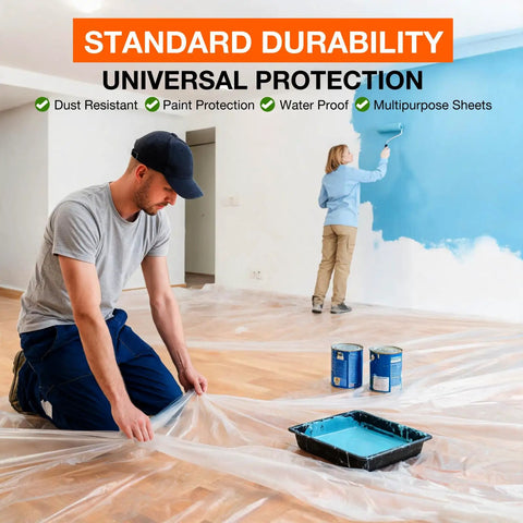 Clear Plastic Drop Cloths 10 Pack 9x12 Ft Tarp For Painting Protect Furniture Floors with painters using sheets on a floor.