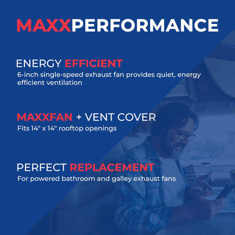 Mini Plus 6 Inch RV Exhaust Vent With LED Lighting Single Speed Quiet And Energy Efficient Ventilation For Travel Trailers Black Draws Under 2 Amps For Quiet Road Trip Ready Performance image showing energy efficient ventilation and replacement details with a man inside RV.