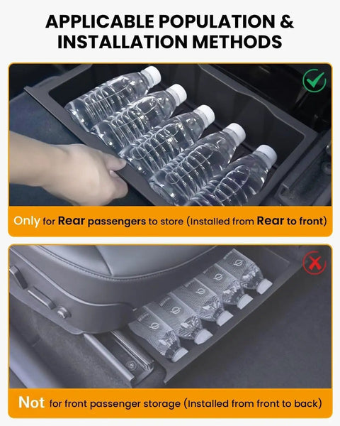 Five Piece Center Console Organizer Tray Set For Tesla Model Y Juniper 2025 2026 with underseat storage showing installation method