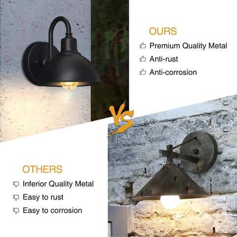 Built Tough Black Metal Barn Light With Sturdy Gooseneck Arm, Rain Or Shine Farmhouse Outdoor Porch Lantern on wall.