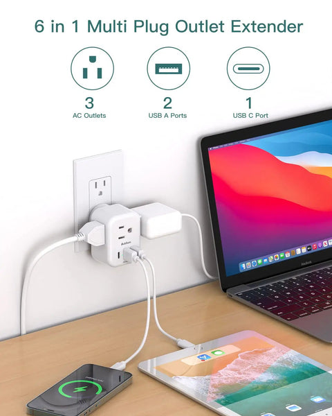 Wall socket with 6 In 1 Wall Outlet Expander With USB C And USB A 3 AC Outlets Space Saving Power Outlet Box Splitter for charging devices