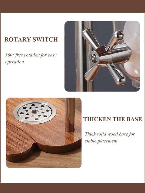 Close-up of the rotary switch and thick solid wood base of Airtight Cereal Dispenser And Dry Food Storage Container Countertop Organizer.