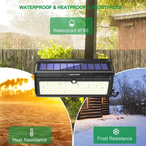 100 LED Solar Lights Outdoor Waterproof Super Bright 2000 Lumens Motion Sensor With 125 Degree Wide Beam Angle in various weather