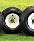 18x8.50-8 Golf Cart Tires On 8x7 White Wheels Assemblies Set Of 4 Universal Fit For EZGO Yamaha Club Car Golf Carts Displayed On Grass