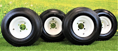 18x8.50-8 Golf Cart Tires On 8x7 White Wheels Assemblies Set Of 4 Universal Fit For EZGO Yamaha Club Car Golf Carts Displayed On Grass