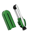 Peeps eyeglass lens cleaner with green case and white carbon microfiber wand with brush, front view