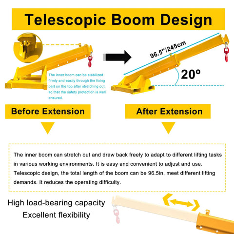 Heavy Duty Forklift Jib Boom Telescopic Crane Attachment With Heavy Gauge Hook 11000 LB Capacity shown in extended and retracted positions.