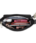 Open view of Anti-Theft Classic Mini Shoulder Bag With 5-Point Security System showing organized storage with lockable zippers
