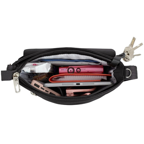Open view of Anti-Theft Classic Mini Shoulder Bag With 5-Point Security System showing organized storage with lockable zippers