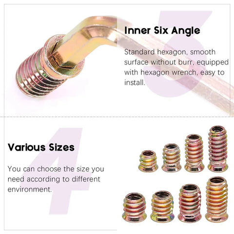 Close-up of 122 Piece Wood Insert Nut Kit with zinc-plated hex sockets and various sizes for soft wood projects.