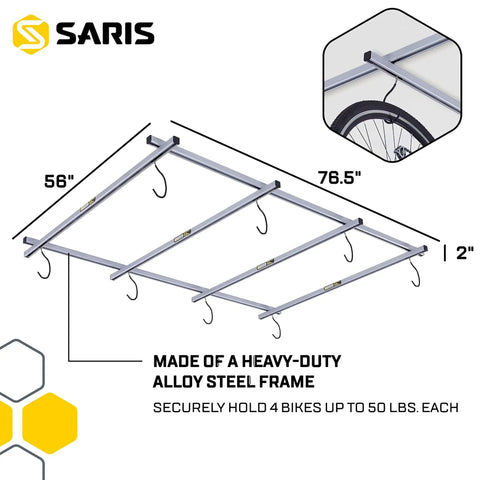 Glide Ceiling Bike Rack Storage For Up To Four Bikes With Individual Access, adjustable wheel hooks, grey steel frame.