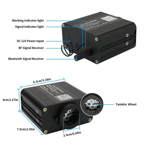 Compact 16W RGBW Fiber Optic Light Engine with label indicators, twinkle wheel, sound modes, for car and home star ceiling decor.