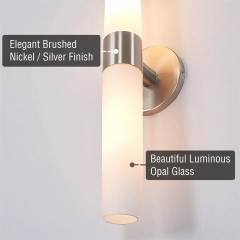 Duo 21 Inch Modern Wall Sconce With Frosted Glass Cylinder Shades Linear Two Light Silver Wall Light In Brushed Nickel Finish