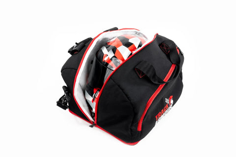 Fleece Lined Motorcycle And Racing Helmet Bag With Hidden Shoe Compartment Waterproof 600D Oxford Gear Carrier shown with helmet inside