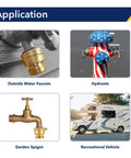 Applications of Brass Hose Bib Backflow Preventer Vacuum Breaker Outdoor Faucet 3/4 Inch FHT to MHT in various outdoor settings.