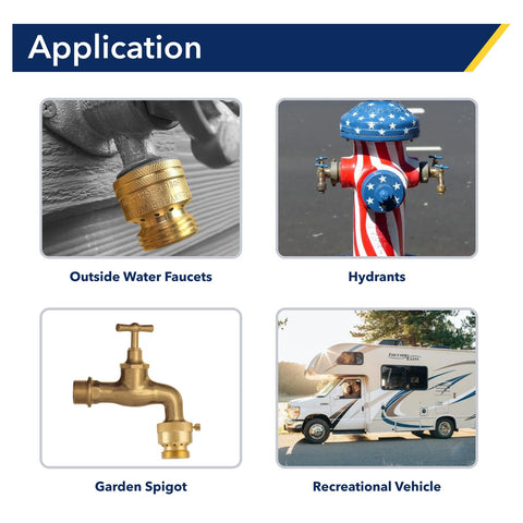 Applications of Brass Hose Bib Backflow Preventer Vacuum Breaker Outdoor Faucet 3/4 Inch FHT to MHT in various outdoor settings.