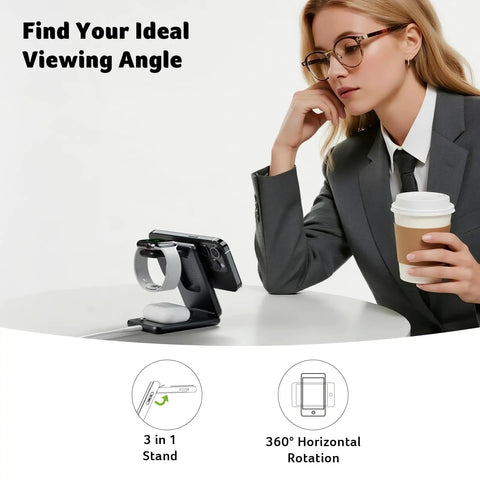 3 In 1 Magnetic Wireless Charging Station For iPhone Apple Watch And AirPods on table with foldable stand and coffee