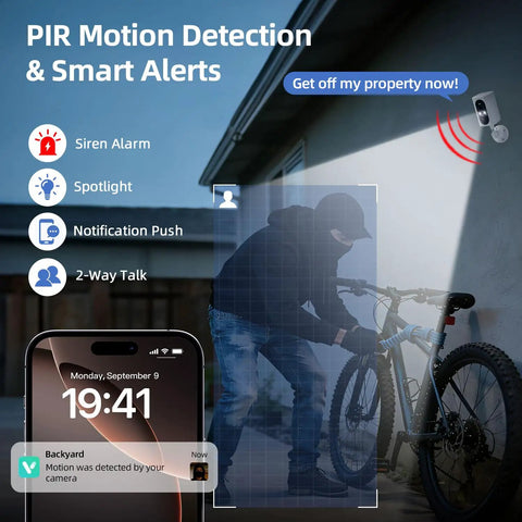 Wireless Outdoor Security Camera Set With 355 Degree Pan 2K Color Night Vision Battery Powered WiFi Enabled Motion Detection Two Way Talk IP65 Weatherproof Spotlight Siren SD Cloud Storage 2 Pack No-Hassle Setup detecting intruder.