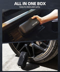 Cordless Tire Inflator Portable Air Pump With Digital Gauge And LED Light, stored in case near car wheel.