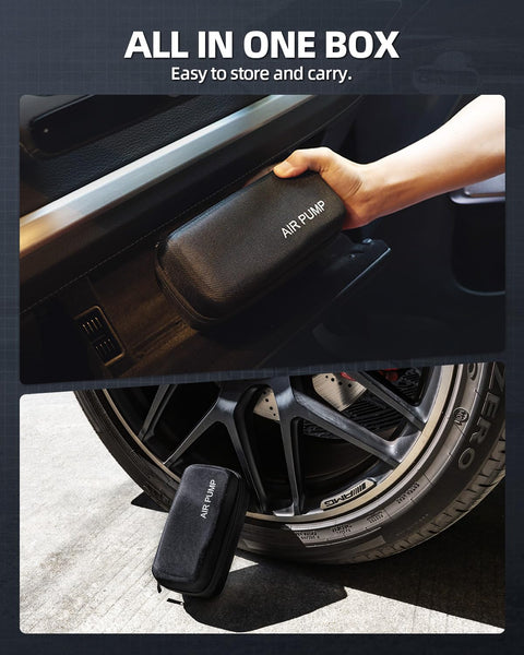 Cordless Tire Inflator Portable Air Pump With Digital Gauge And LED Light, stored in case near car wheel.