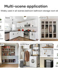 Multi-scene application images showing spaces including kitchen, cloakroom, storage, and laundry room