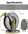 Heavy Duty Double Arm Retractable Air Hose Reel 50 Foot Reach Half Inch Steel Hybrid Core with specifications and dimensions.