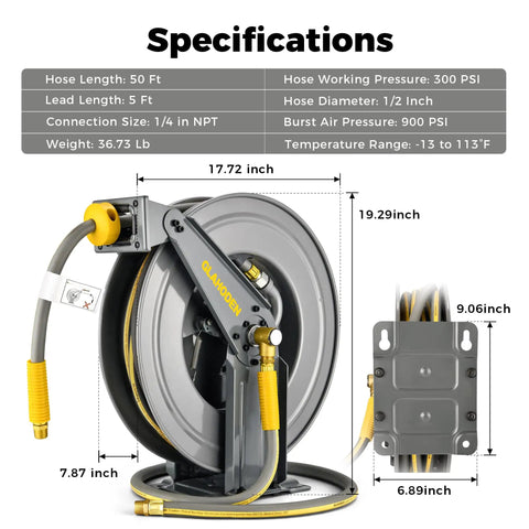 Heavy Duty Double Arm Retractable Air Hose Reel 50 Foot Reach Half Inch Steel Hybrid Core with specifications and dimensions.