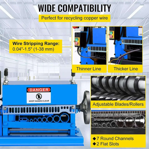 Automatic Electric Wire Stripper With 370W Motor Beast Workhorse For 1.5 To 38Mm Wires showing wire compatibility and blade details