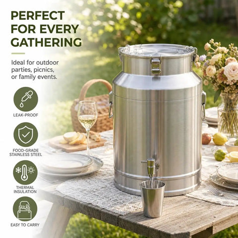 Heavy Duty 304 Stainless Steel Milk Can And Water Jug With Secure Airtight Lid Freestanding Drink Dispenser on a picnic table.