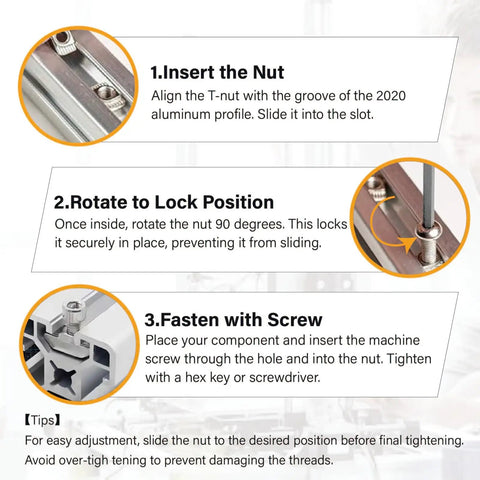 Guide for using 200 Pack 2020 Series M3 T Slot Nuts Hammer Head Fasteners Nickel Plated Carbon Steel in aluminum projects.